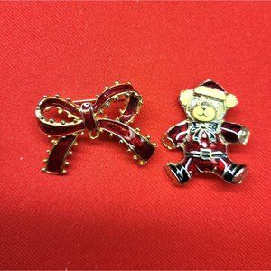 Christmas Pins/ Brooches Set of 2 Christmas Teddy Bear & Red Bow Pins